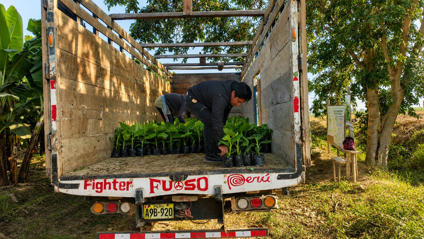 Camión cargado con plantones de banano listos para el reparto