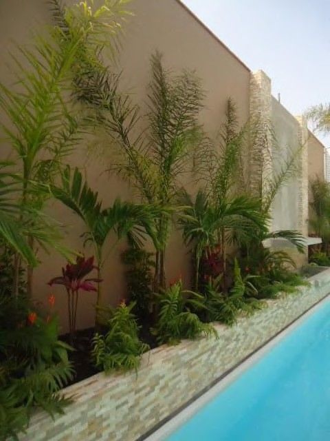 Área de piscina con jardín y grass